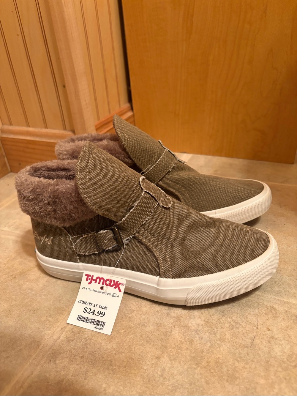 Blowfish Women’s Slip-On High-Top Sneakers in Olive with Faux Fur Lining